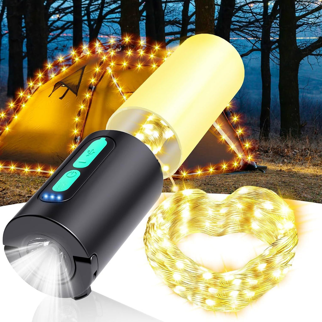 10m Camping String Lights with Lanterns – Rechargeable