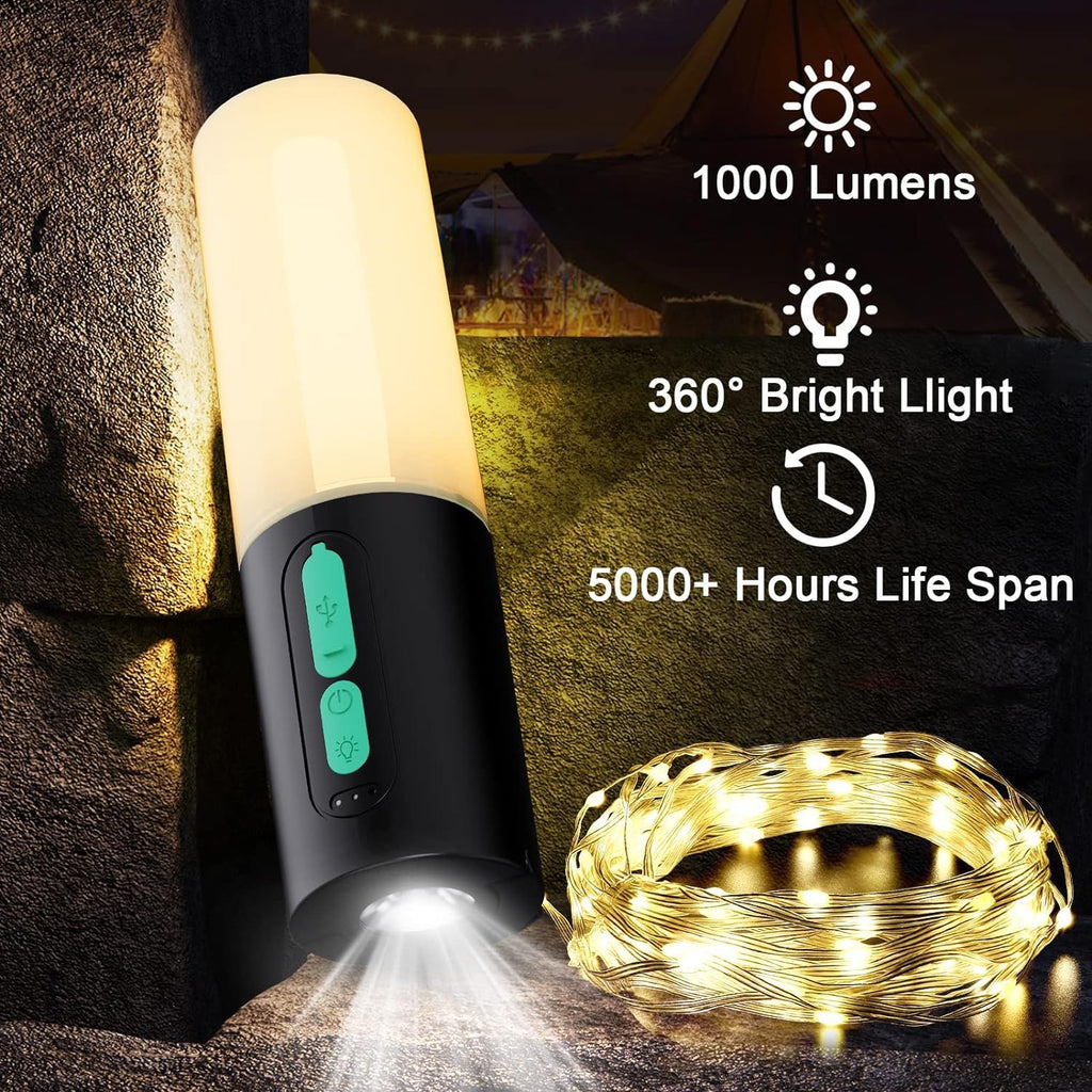 10m Camping String Lights with Lanterns – Rechargeable