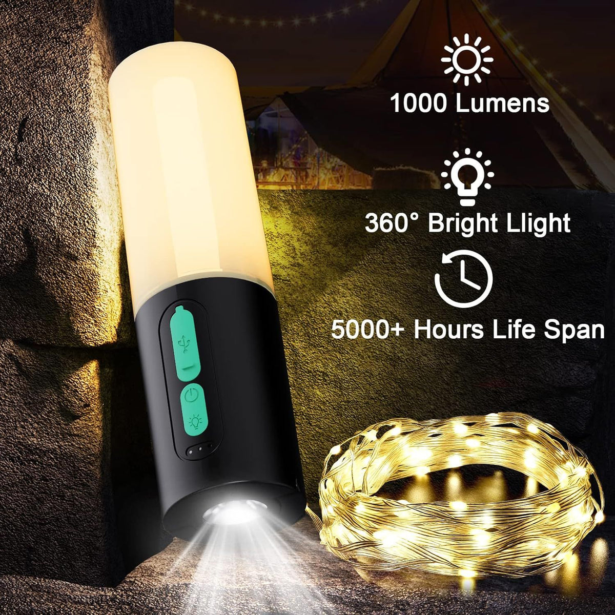 10m Camping String Lights with Lanterns – Rechargeable