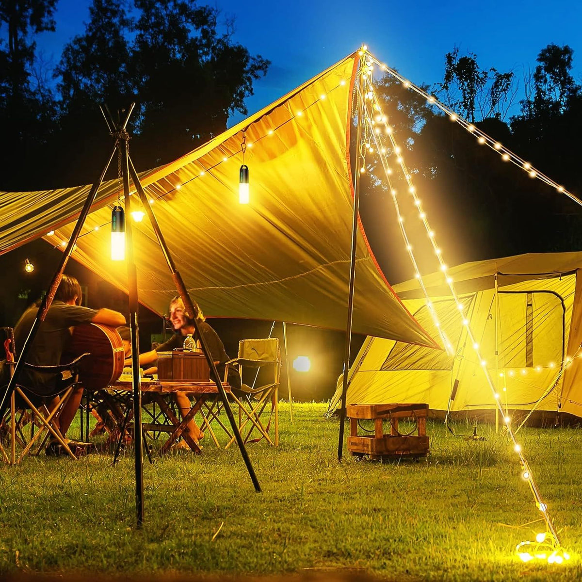 10m Camping String Lights with Lanterns – Rechargeable