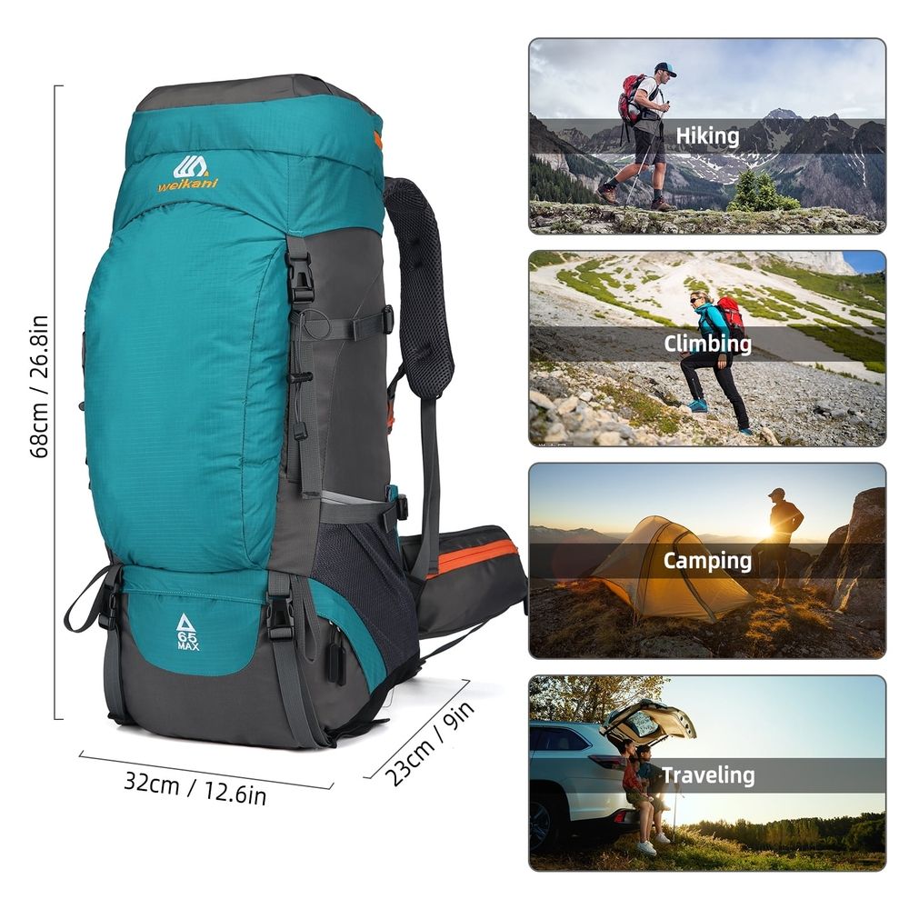 65L Water-Resistant Hiking Backpack with Rain Cover