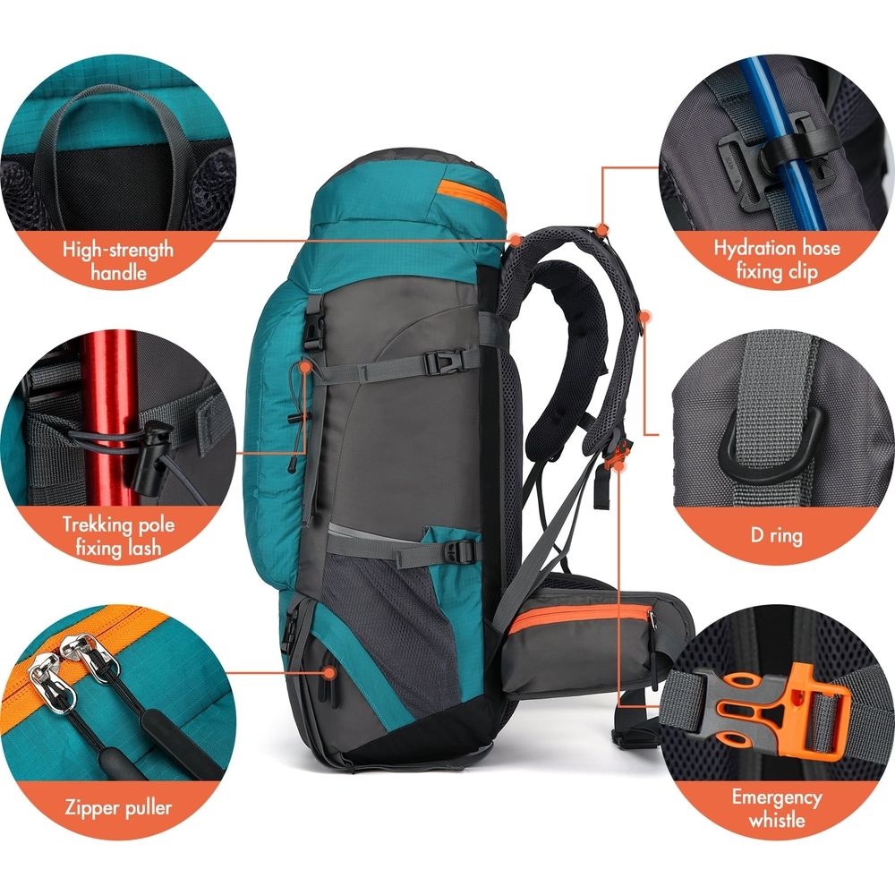 65L Water-Resistant Hiking Backpack with Rain Cover