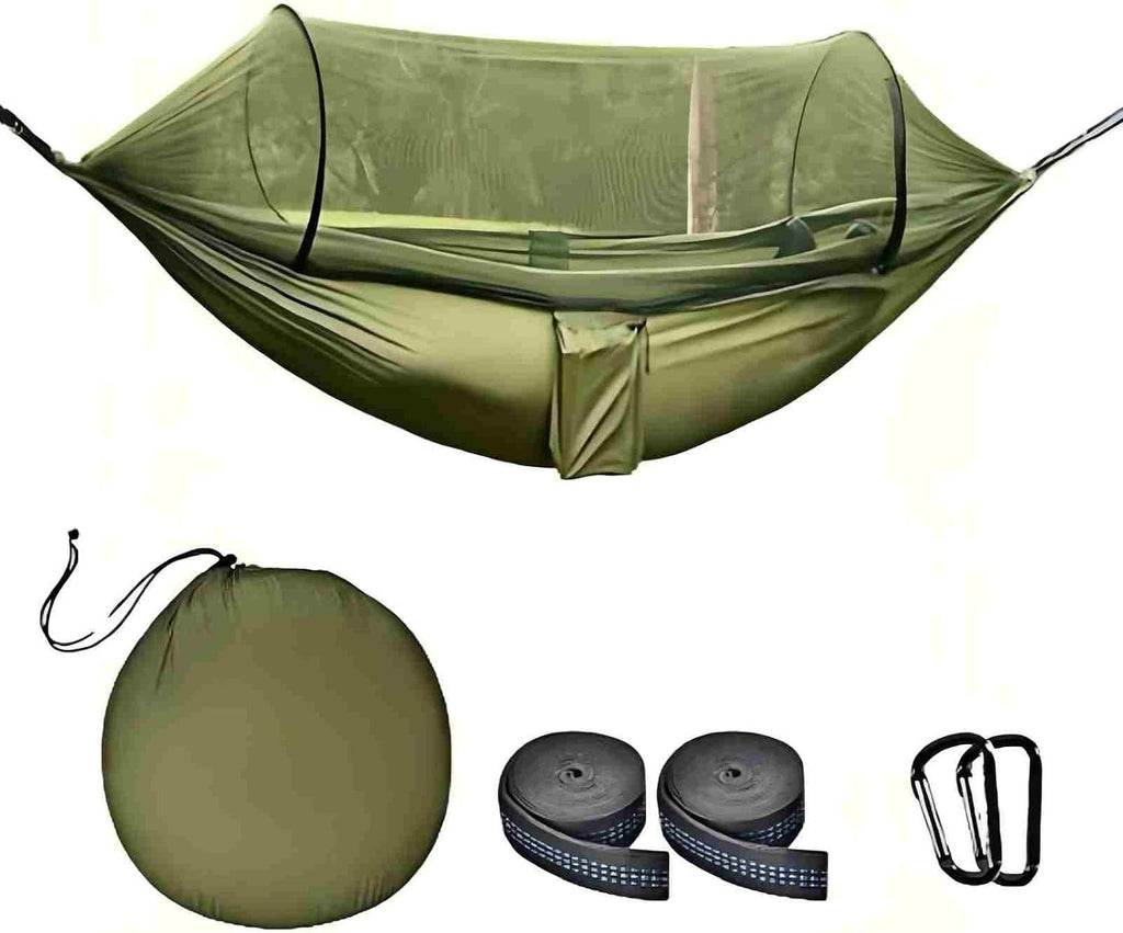 Camping Hammock with Mosquito Net & Tree Straps – Army Green