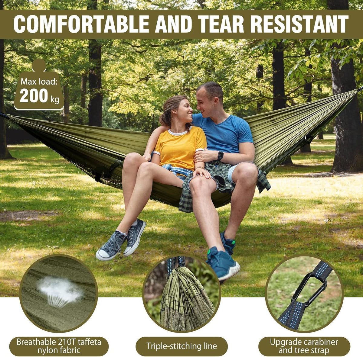 Camping Hammock with Mosquito Net & Tree Straps – Army Green