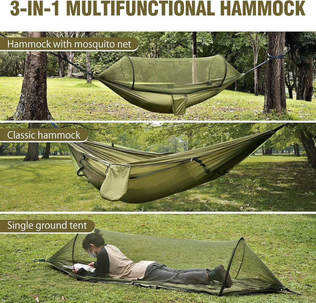 Camping Hammock with Mosquito Net & Tree Straps – Army Green