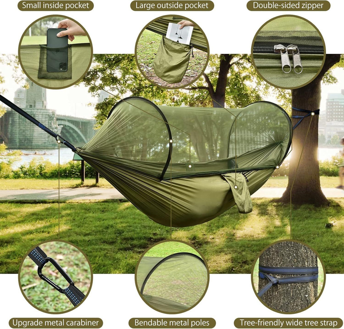 Camping Hammock with Mosquito Net & Tree Straps – Army Green