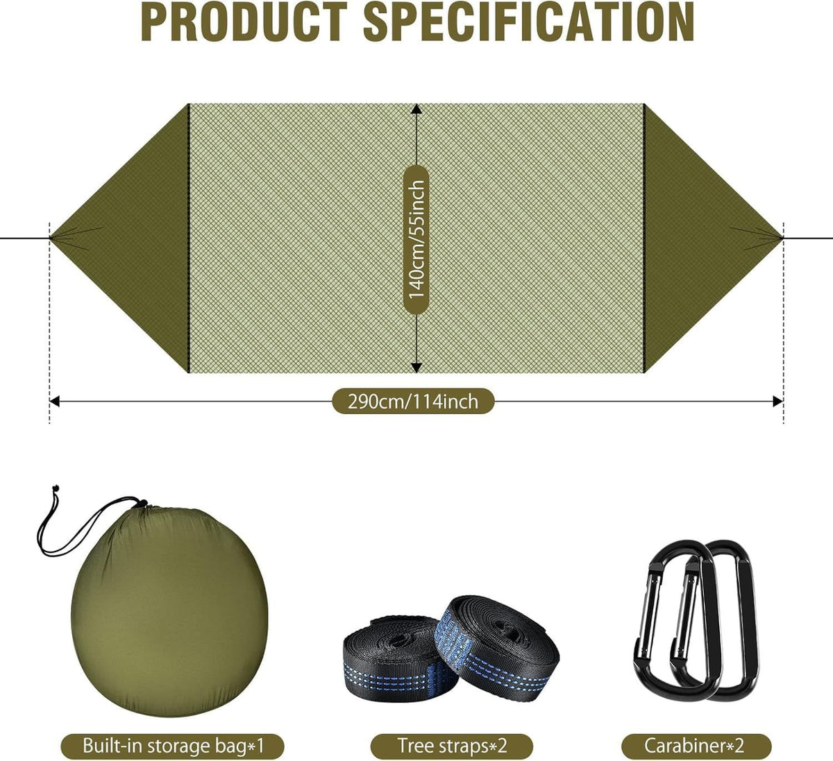 Camping Hammock with Mosquito Net & Tree Straps – Army Green