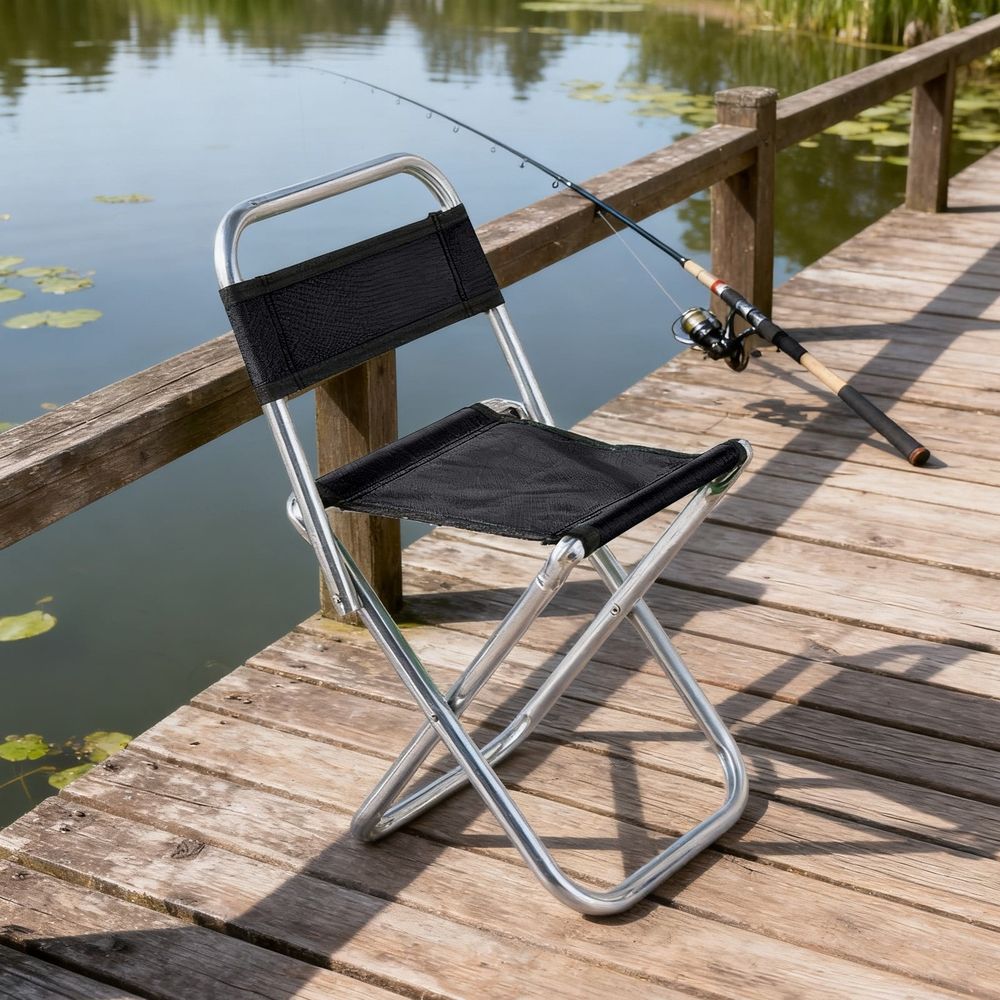 Folding Camp Stool with Backrest – Black