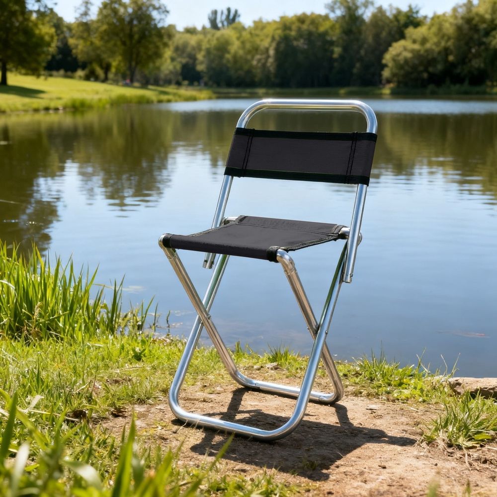 Folding Camp Stool with Backrest – Black