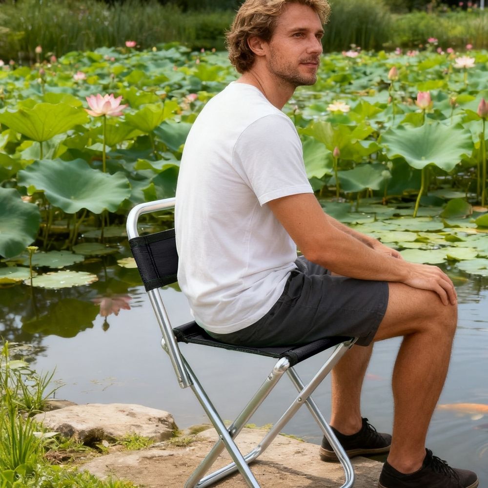 Folding Camp Stool with Backrest – Black