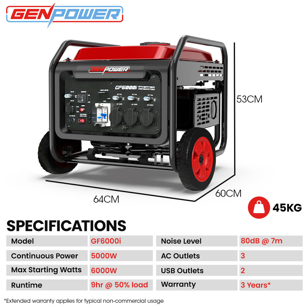 GENPOWER 5kW Inverter Generator (6kW Peak) with Wheels & RCD