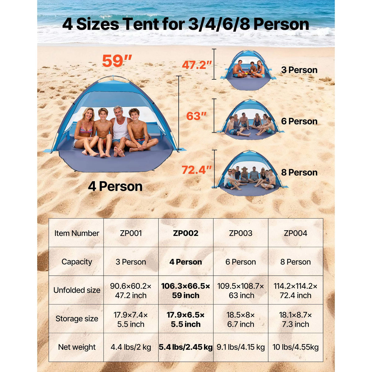 4-Person Beach Sun Shelter UPF 50+