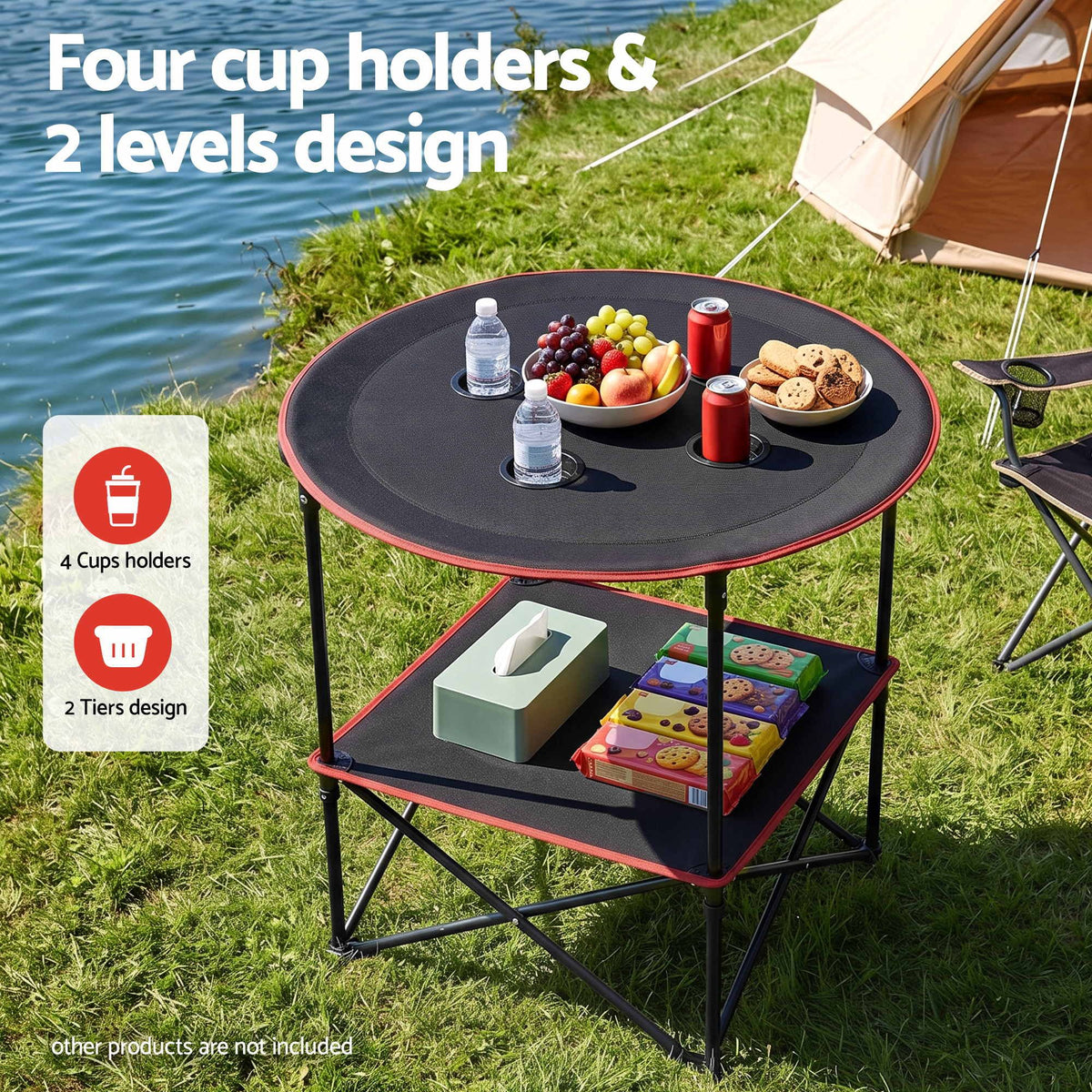 Weisshorn Folding Camp Table with 4 Cup Holders – 73cm