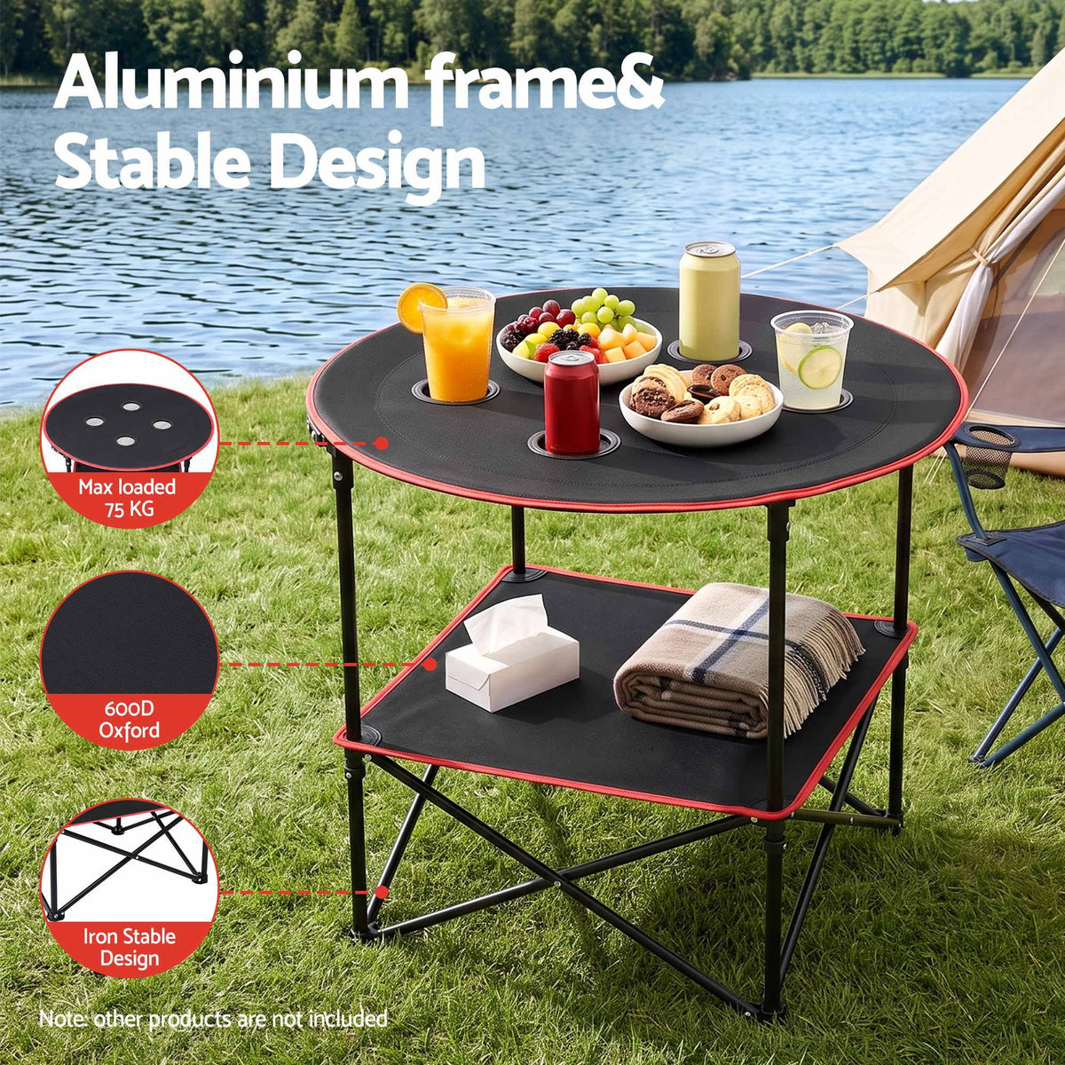 Weisshorn Folding Camp Table with 4 Cup Holders – 73cm