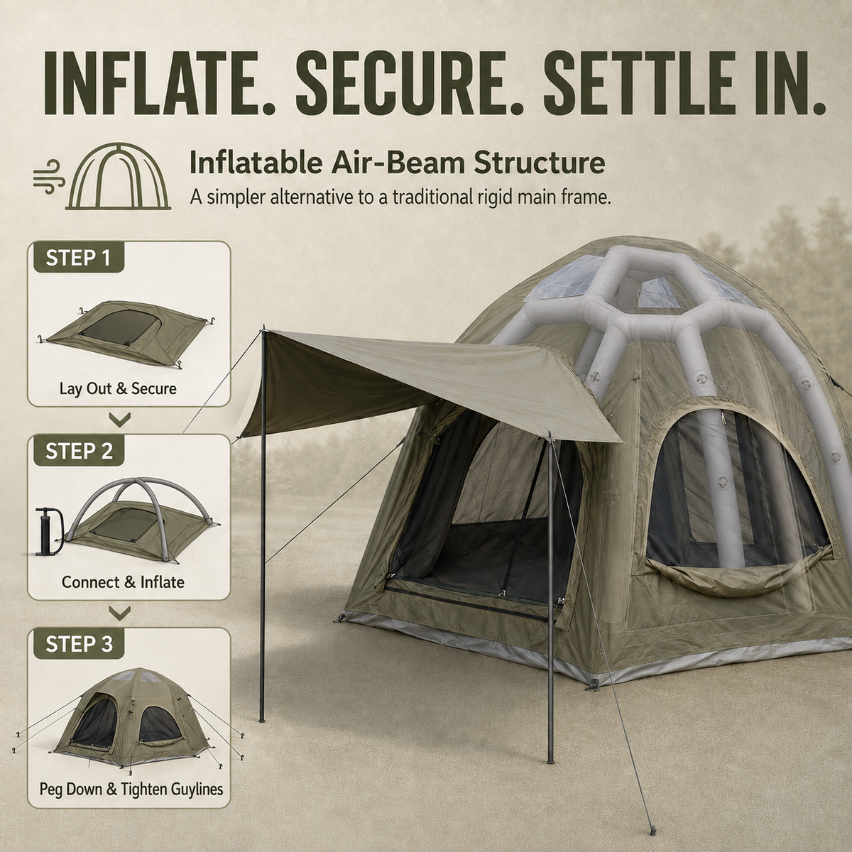 Weisshorn 4-Person Inflatable Canvas Tent with Sun Shade