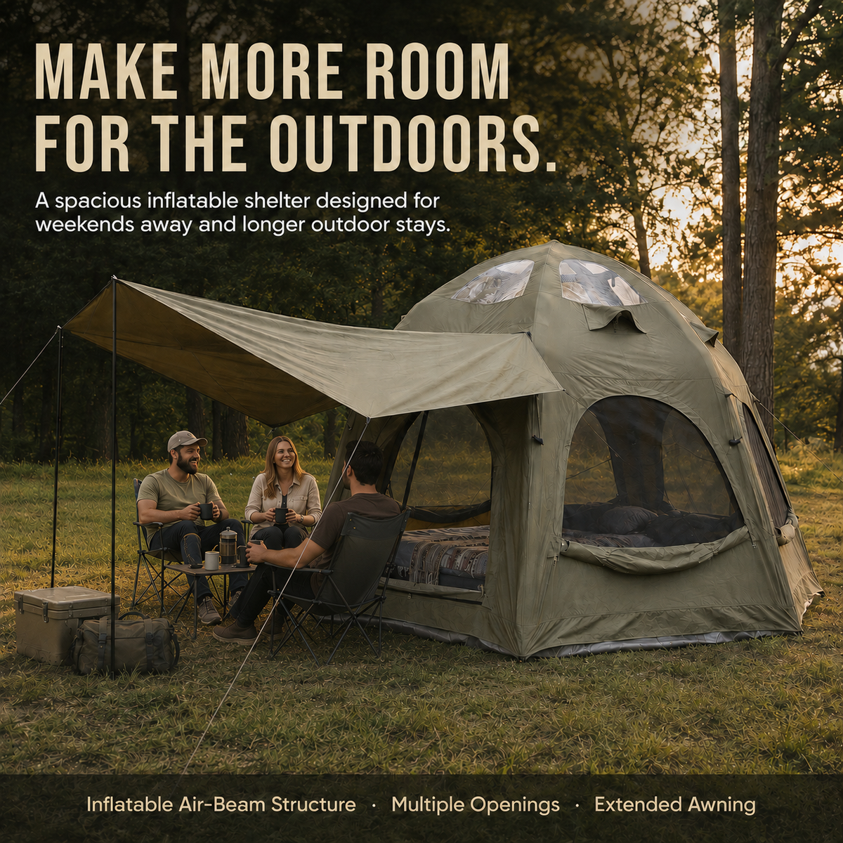 Weisshorn 4-Person Inflatable Canvas Tent with Sun Shade