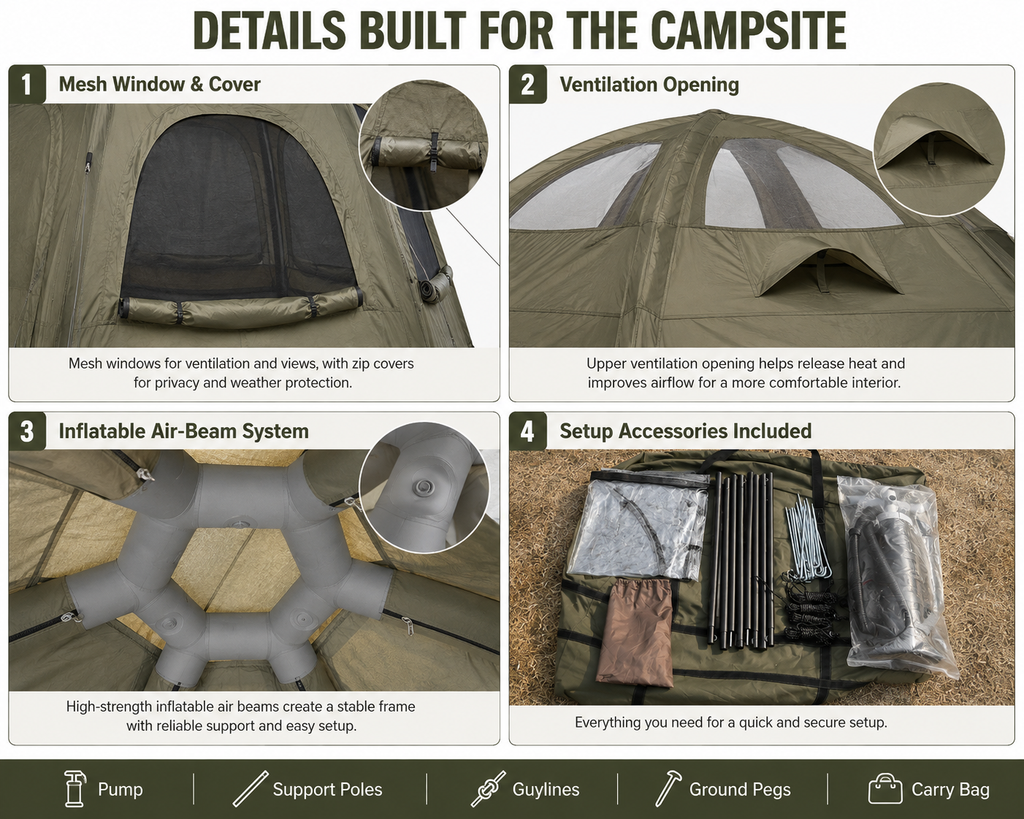 Weisshorn 4-Person Inflatable Canvas Tent with Sun Shade